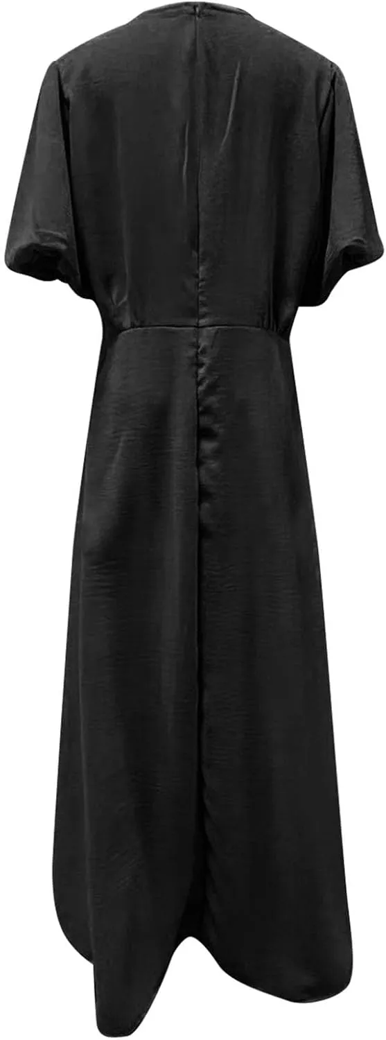 Womens Summer Dresses 2025 Fashion Short Sleeve Button V Neck Dress Pleated Loose Tiered Swing Flowy Maxi Dresses