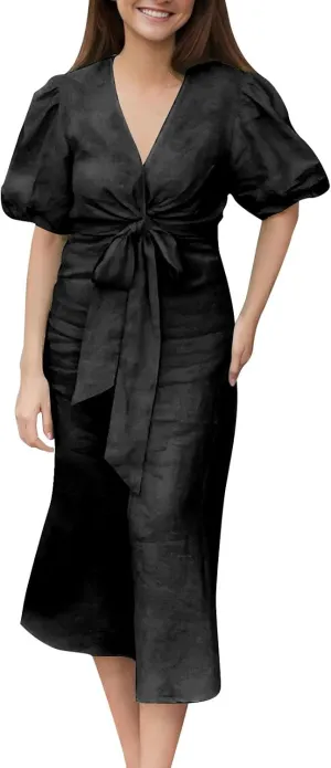 Womens Summer Dresses 2025 Fashion Short Sleeve Button V Neck Dress Pleated Loose Tiered Swing Flowy Maxi Dresses