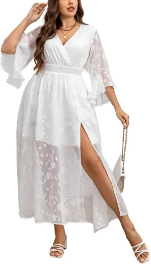 Women's V Neck Floral Dress Bell Half Sleeve Smocked Waist Side Split Flowy A Line Maxi Wedding Guest Dresses