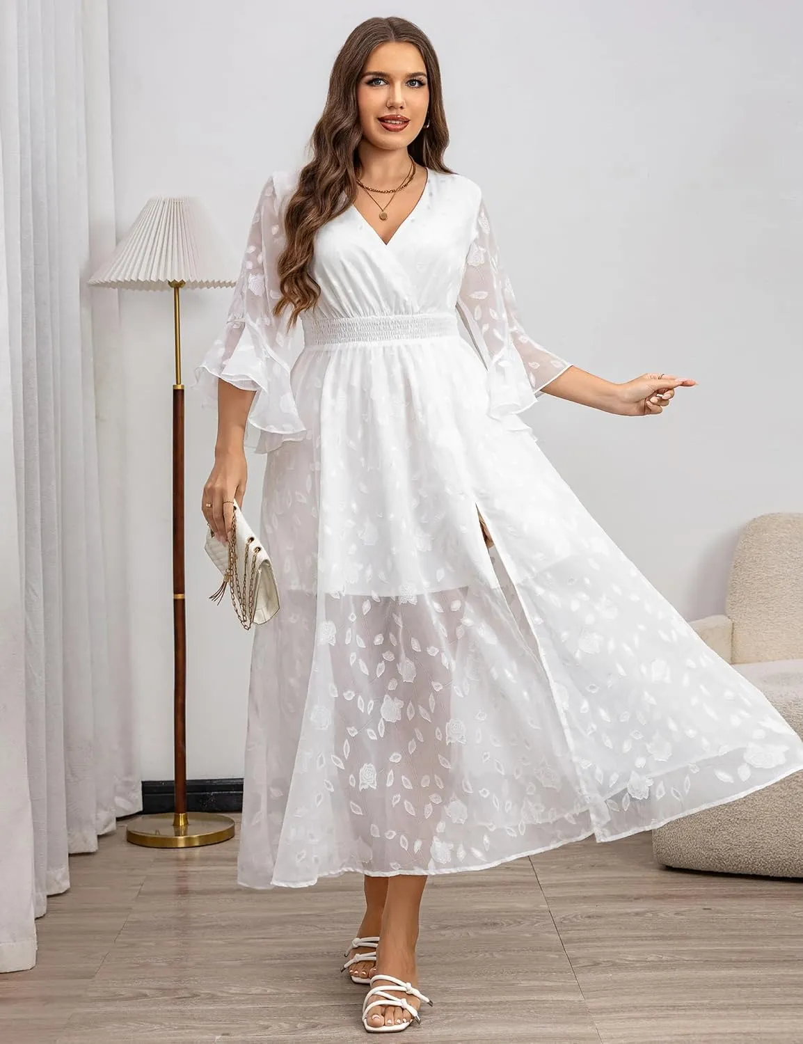 Women's V Neck Floral Dress Bell Half Sleeve Smocked Waist Side Split Flowy A Line Maxi Wedding Guest Dresses