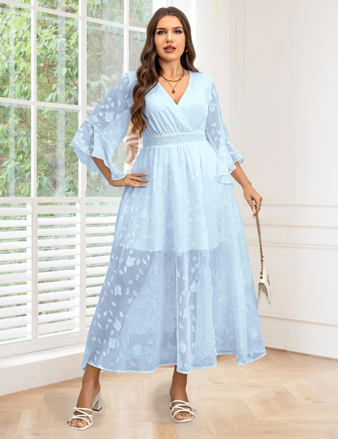 Women's V Neck Floral Dress Bell Half Sleeve Smocked Waist Side Split Flowy A Line Maxi Wedding Guest Dresses