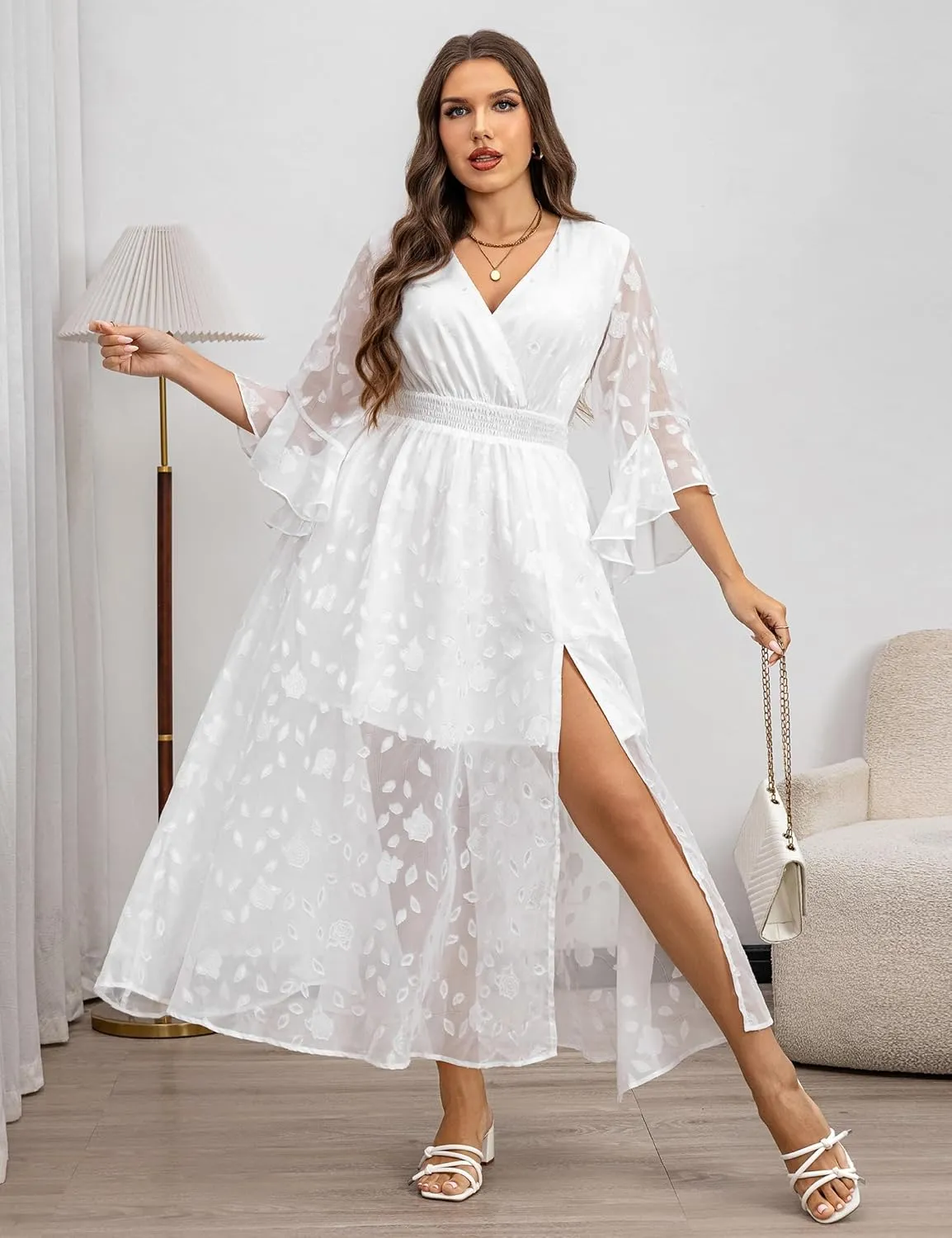Women's V Neck Floral Dress Bell Half Sleeve Smocked Waist Side Split Flowy A Line Maxi Wedding Guest Dresses
