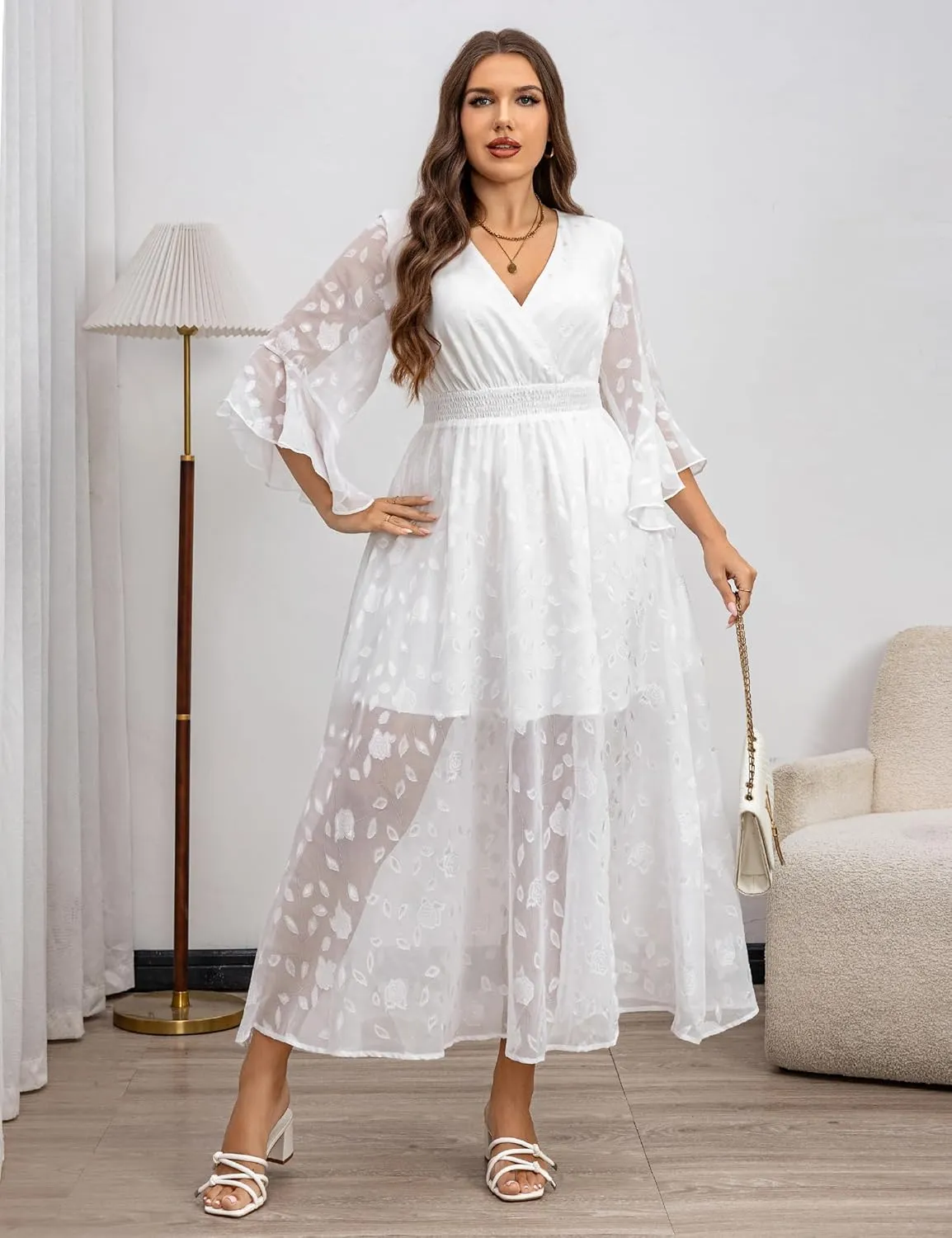Women's V Neck Floral Dress Bell Half Sleeve Smocked Waist Side Split Flowy A Line Maxi Wedding Guest Dresses