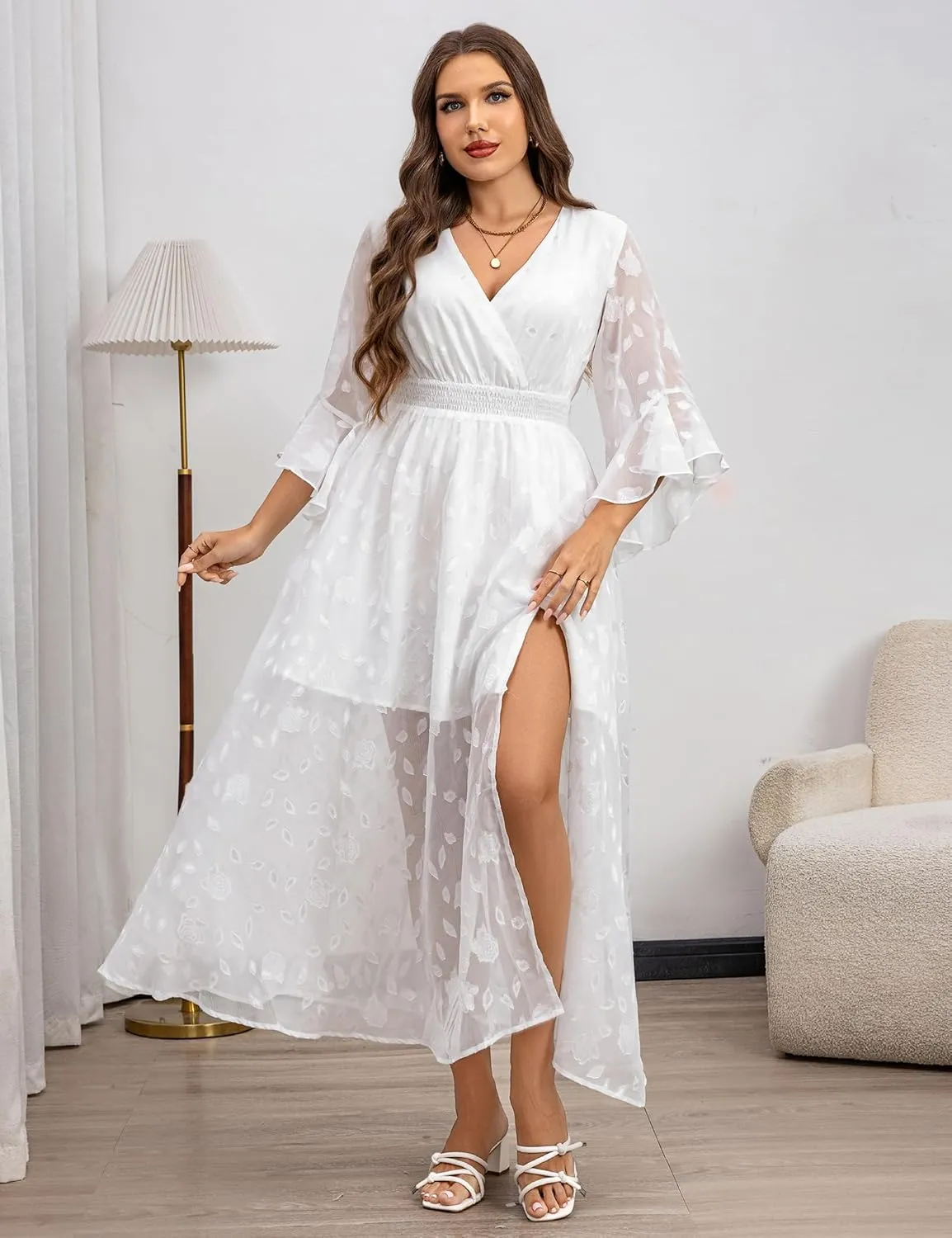 Women's V Neck Floral Dress Bell Half Sleeve Smocked Waist Side Split Flowy A Line Maxi Wedding Guest Dresses