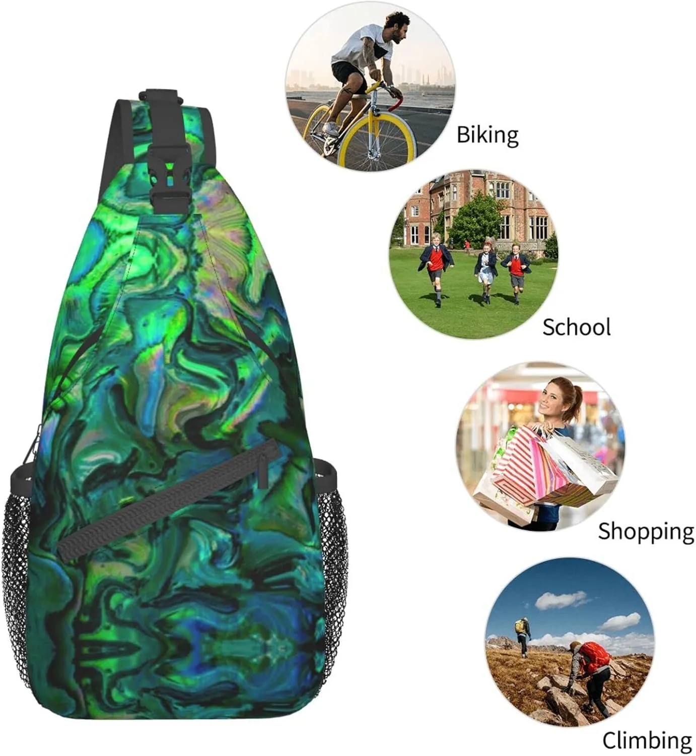 WURTON Abalone Nacre Print Crossbody Backpack Shoulder Bag Cross Chest Bag For Travel, Hiking Gym Tactical Use, MC700