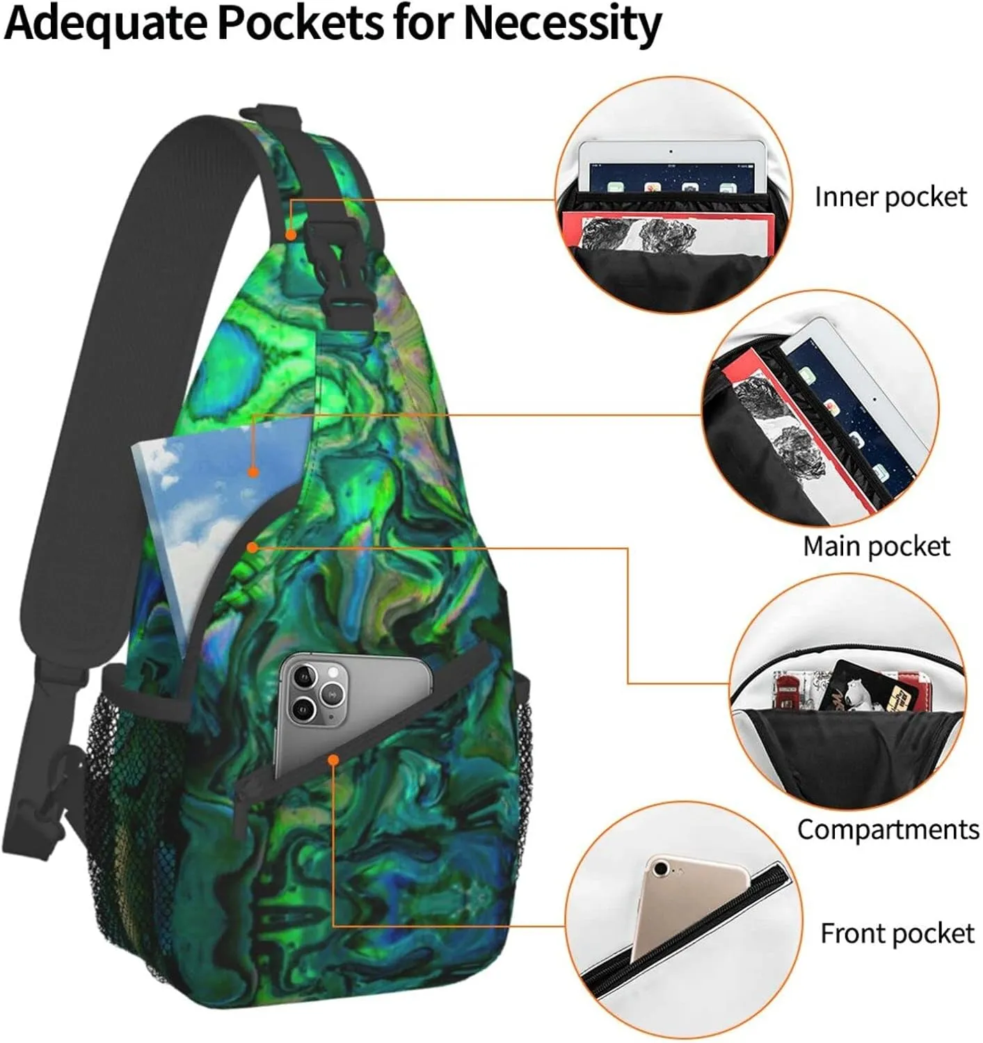 WURTON Abalone Nacre Print Crossbody Backpack Shoulder Bag Cross Chest Bag For Travel, Hiking Gym Tactical Use, MC700