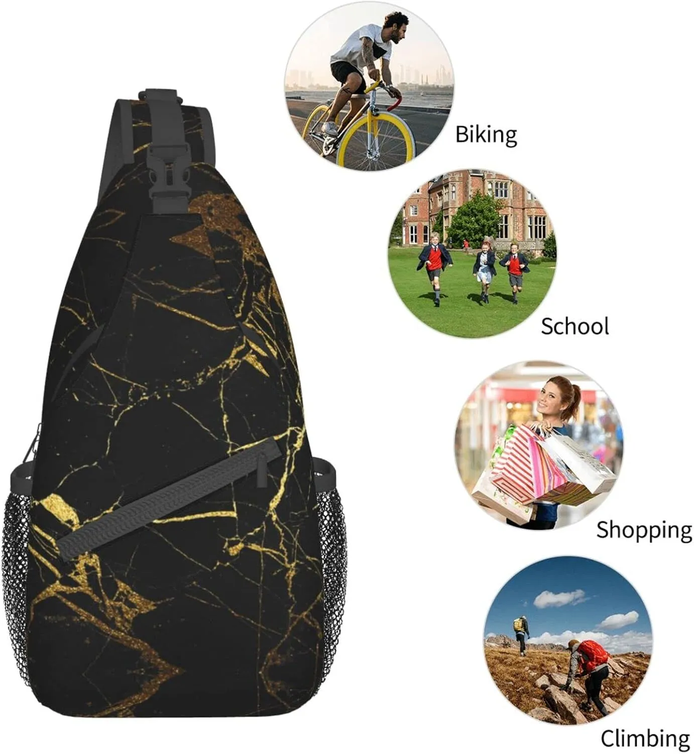 WURTON Black And Gold Background Print Crossbody Backpack Shoulder Bag Cross Chest Bag For Travel, Hiking Gym Tactical Use