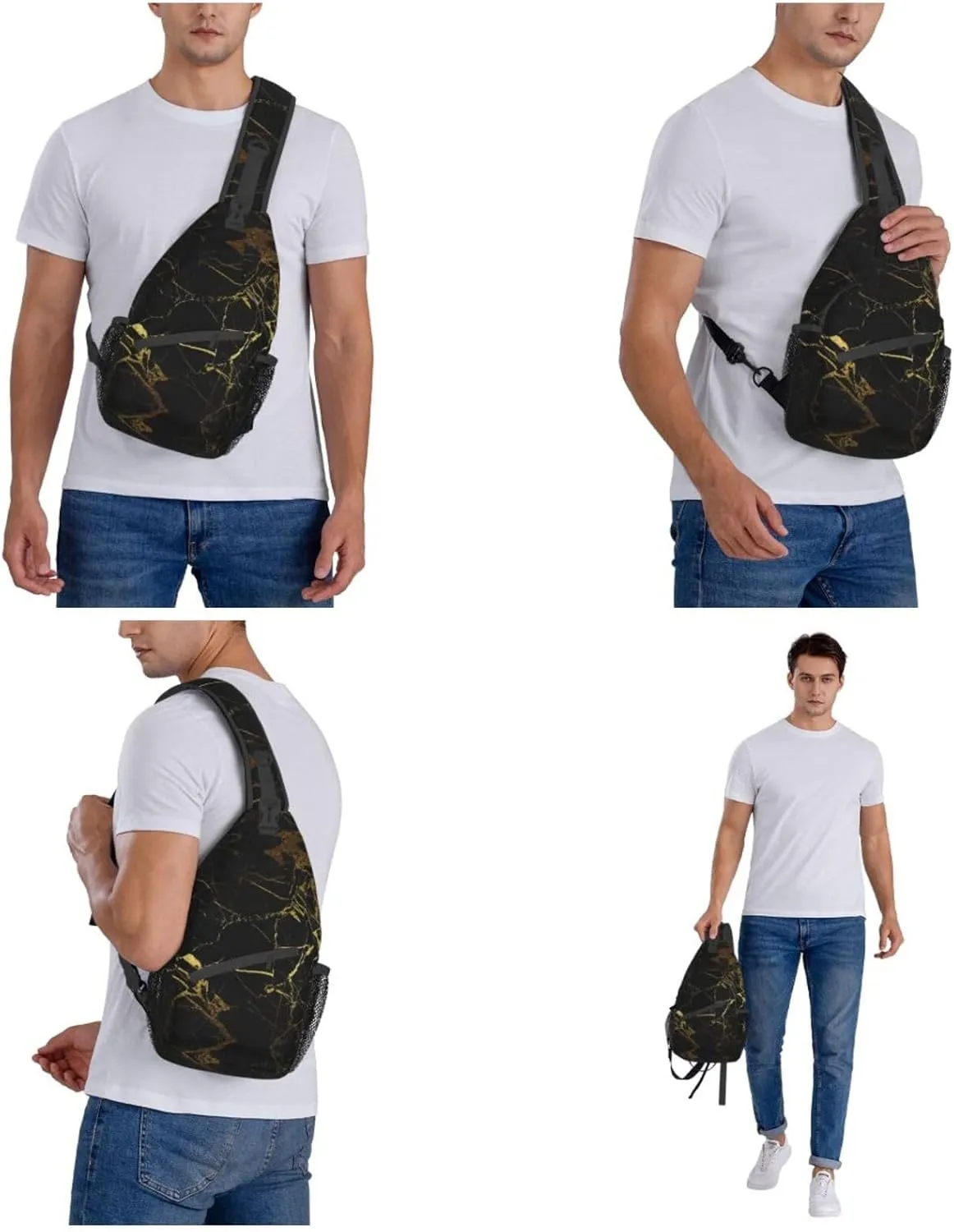 WURTON Black And Gold Background Print Crossbody Backpack Shoulder Bag Cross Chest Bag For Travel, Hiking Gym Tactical Use