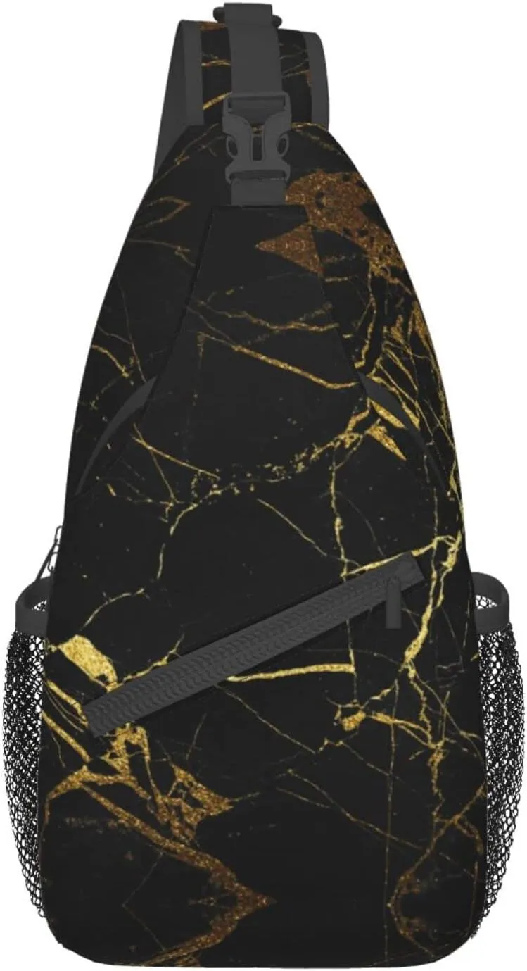 WURTON Black And Gold Background Print Crossbody Backpack Shoulder Bag Cross Chest Bag For Travel, Hiking Gym Tactical Use