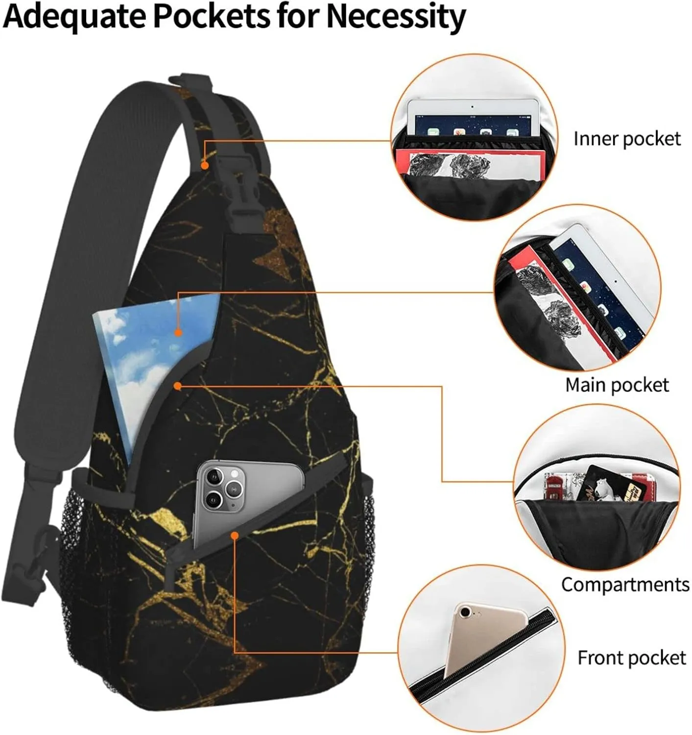 WURTON Black And Gold Background Print Crossbody Backpack Shoulder Bag Cross Chest Bag For Travel, Hiking Gym Tactical Use