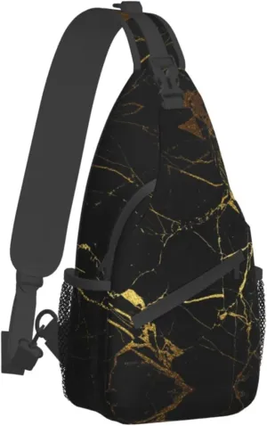 WURTON Black And Gold Background Print Crossbody Backpack Shoulder Bag Cross Chest Bag For Travel, Hiking Gym Tactical Use