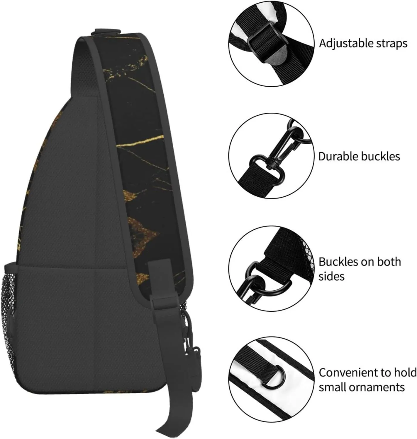WURTON Black And Gold Background Print Crossbody Backpack Shoulder Bag Cross Chest Bag For Travel, Hiking Gym Tactical Use