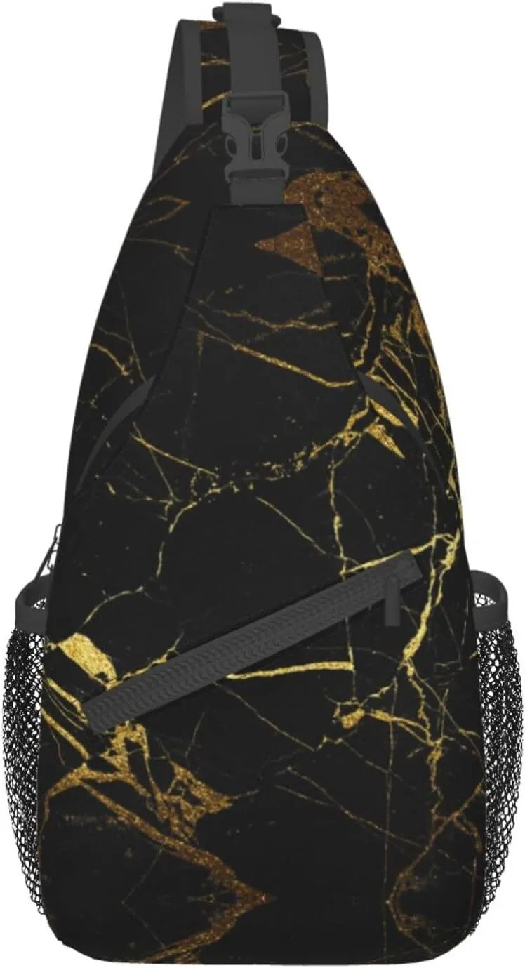 WURTON Black And Gold Background Print Crossbody Backpack Shoulder Bag Cross Chest Bag For Travel, Hiking Gym Tactical Use