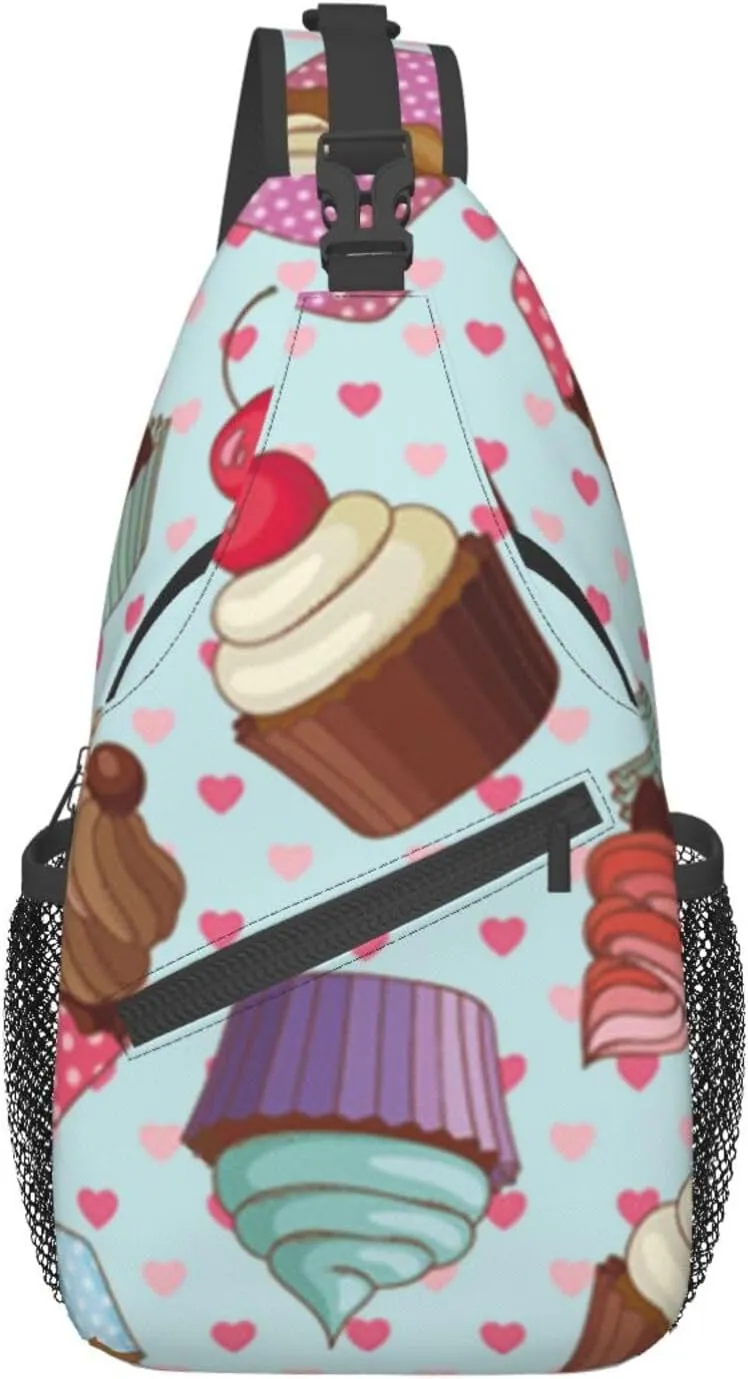 WURTON Cupcake Pattern Print Crossbody Backpack Shoulder Bag Cross Chest Bag For Travel, Hiking Gym Tactical Use