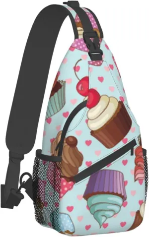 WURTON Cupcake Pattern Print Crossbody Backpack Shoulder Bag Cross Chest Bag For Travel, Hiking Gym Tactical Use