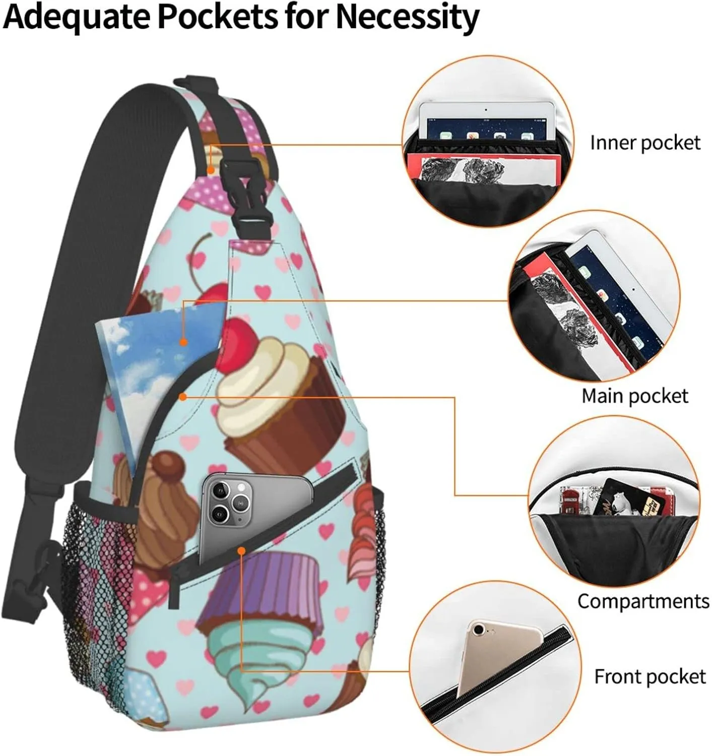 WURTON Cupcake Pattern Print Crossbody Backpack Shoulder Bag Cross Chest Bag For Travel, Hiking Gym Tactical Use