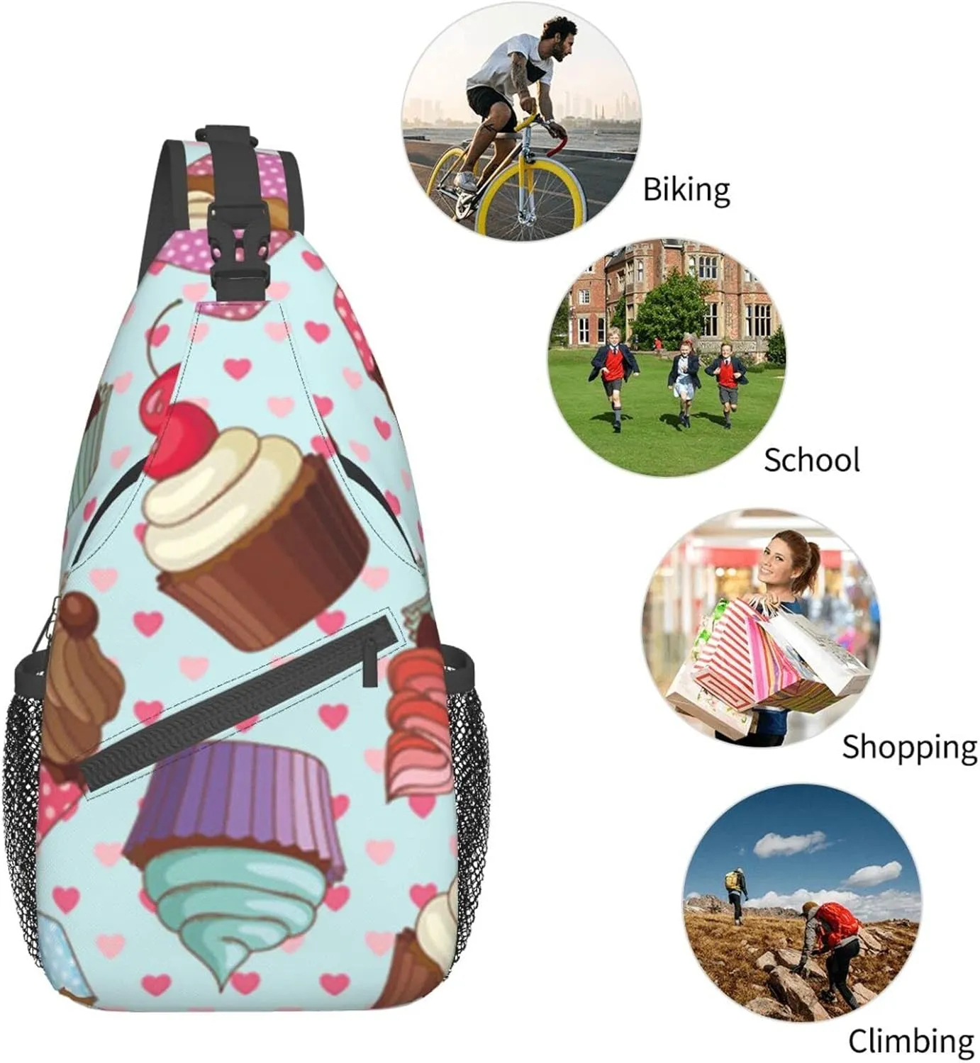 WURTON Cupcake Pattern Print Crossbody Backpack Shoulder Bag Cross Chest Bag For Travel, Hiking Gym Tactical Use
