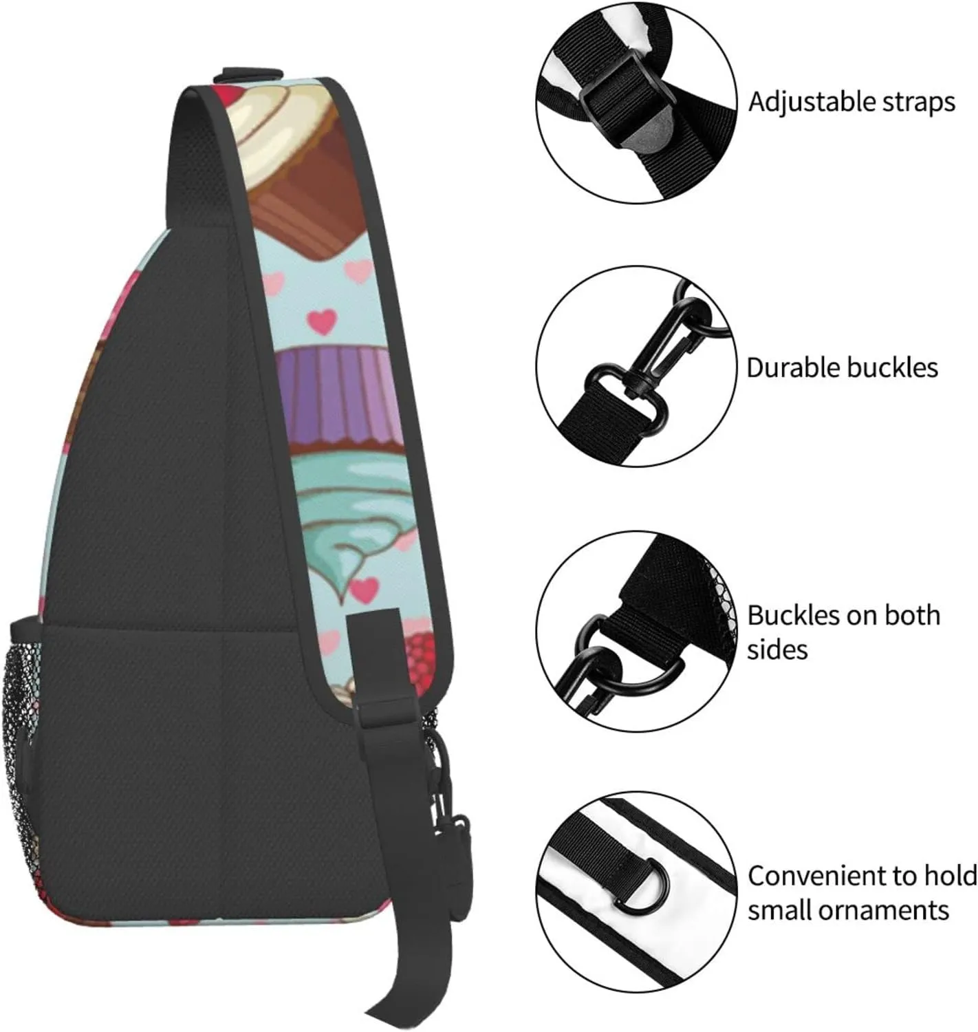 WURTON Cupcake Pattern Print Crossbody Backpack Shoulder Bag Cross Chest Bag For Travel, Hiking Gym Tactical Use