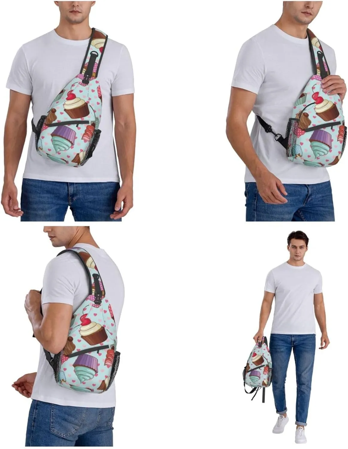 WURTON Cupcake Pattern Print Crossbody Backpack Shoulder Bag Cross Chest Bag For Travel, Hiking Gym Tactical Use