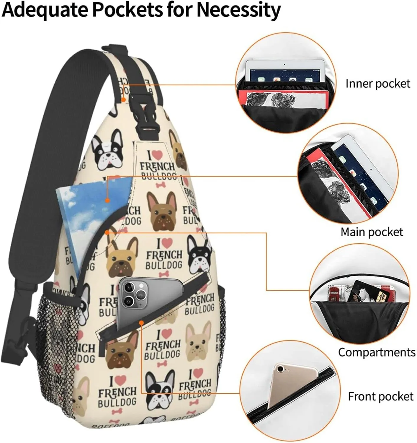 WURTON Dog Print Crossbody Backpack Shoulder Bag Cross Chest Bag For Travel, Hiking Gym Tactical Use