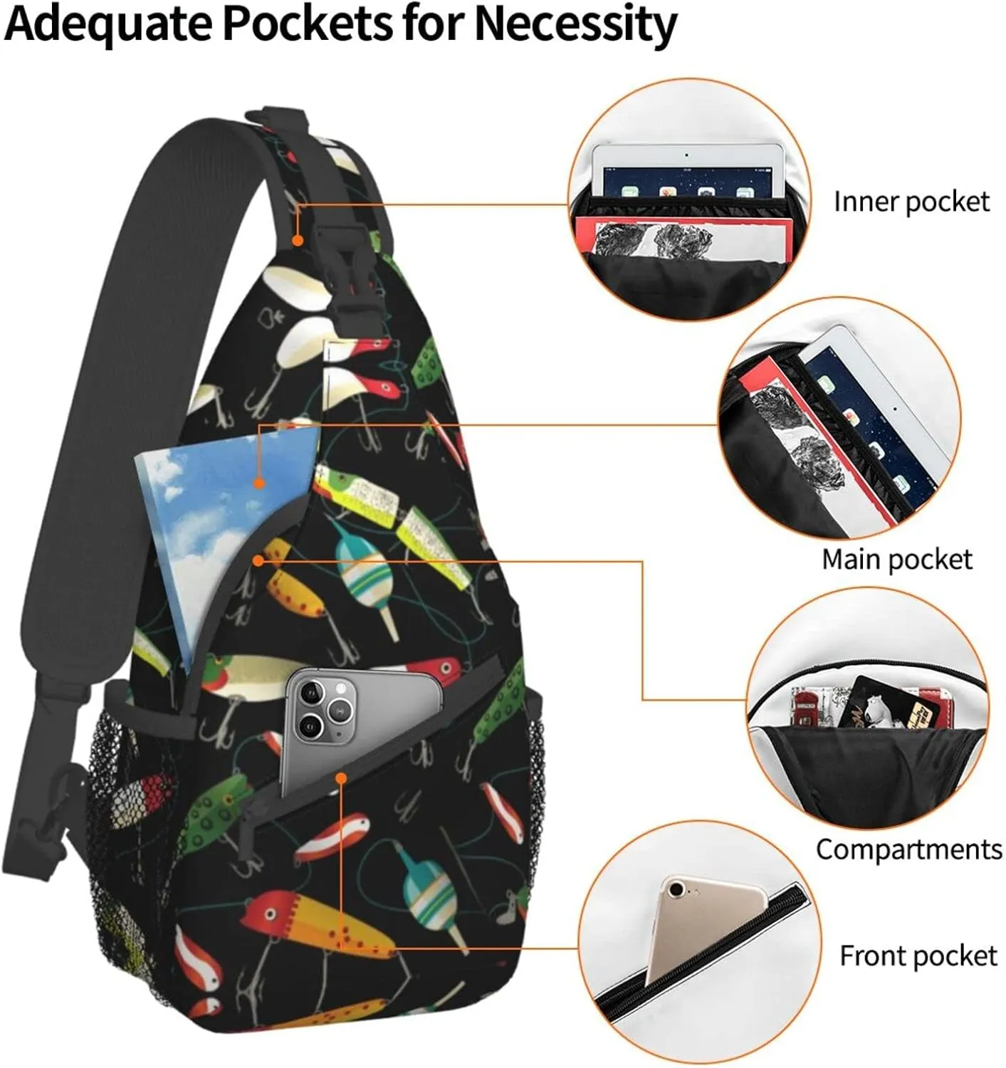WURTON Fishing Lure Print Crossbody Backpack Shoulder Bag Cross Chest Bag For Travel, Hiking Gym Tactical Use