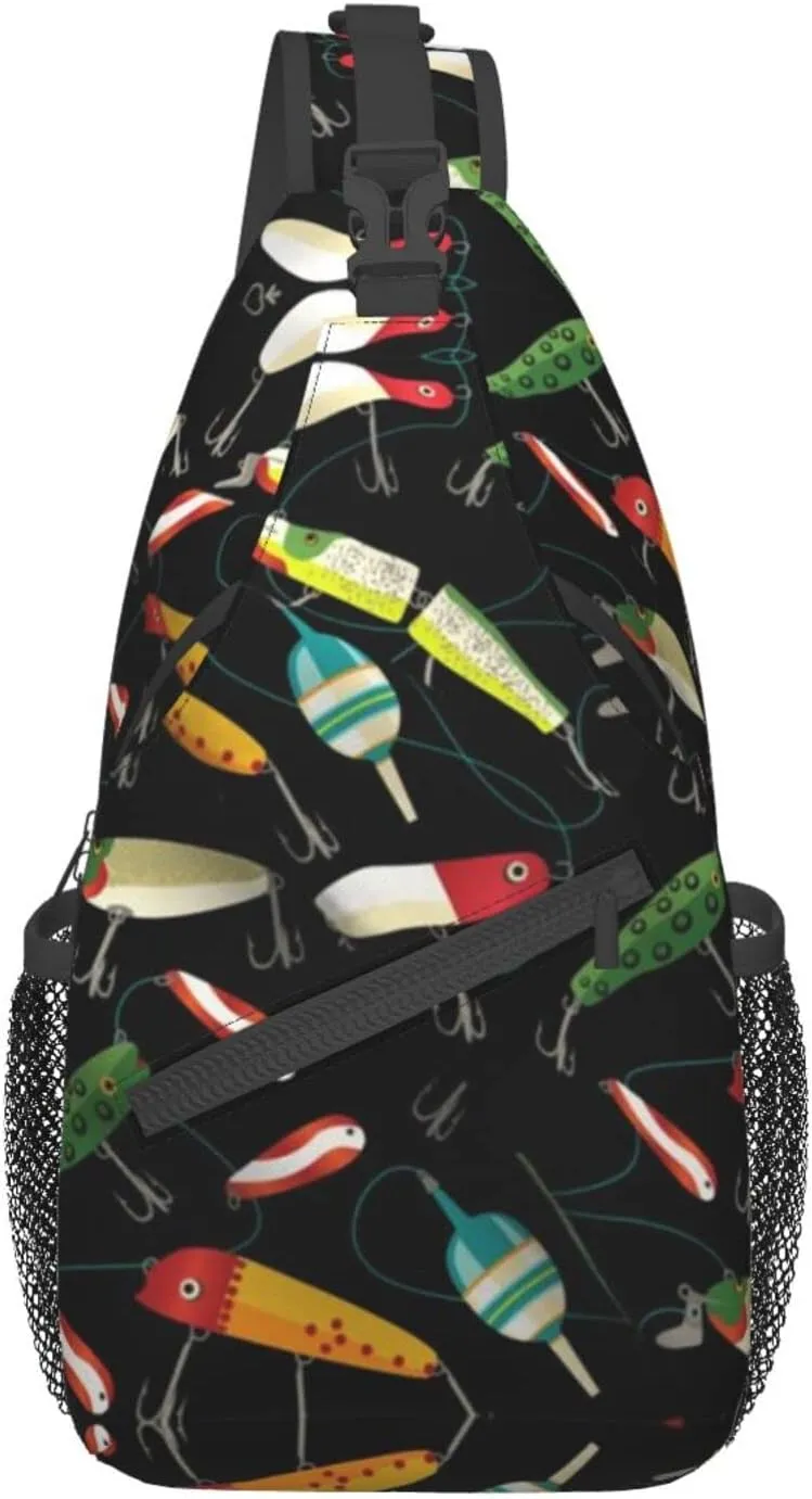 WURTON Fishing Lure Print Crossbody Backpack Shoulder Bag Cross Chest Bag For Travel, Hiking Gym Tactical Use