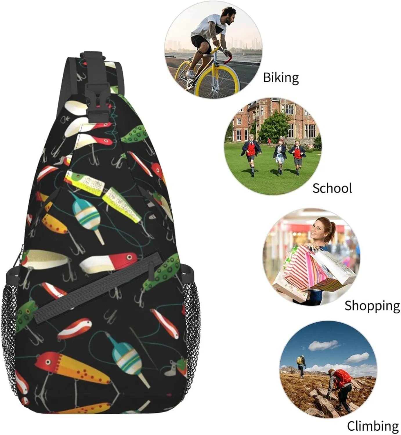 WURTON Fishing Lure Print Crossbody Backpack Shoulder Bag Cross Chest Bag For Travel, Hiking Gym Tactical Use