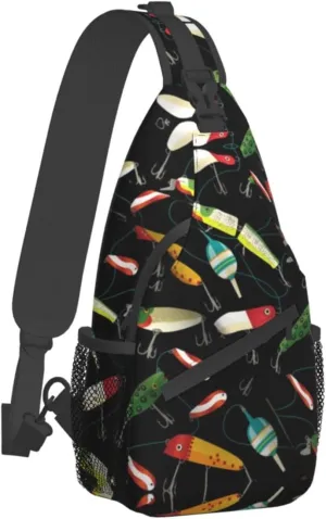 WURTON Fishing Lure Print Crossbody Backpack Shoulder Bag Cross Chest Bag For Travel, Hiking Gym Tactical Use