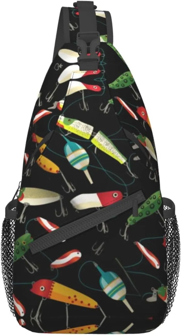 WURTON Fishing Lure Print Crossbody Backpack Shoulder Bag Cross Chest Bag For Travel, Hiking Gym Tactical Use