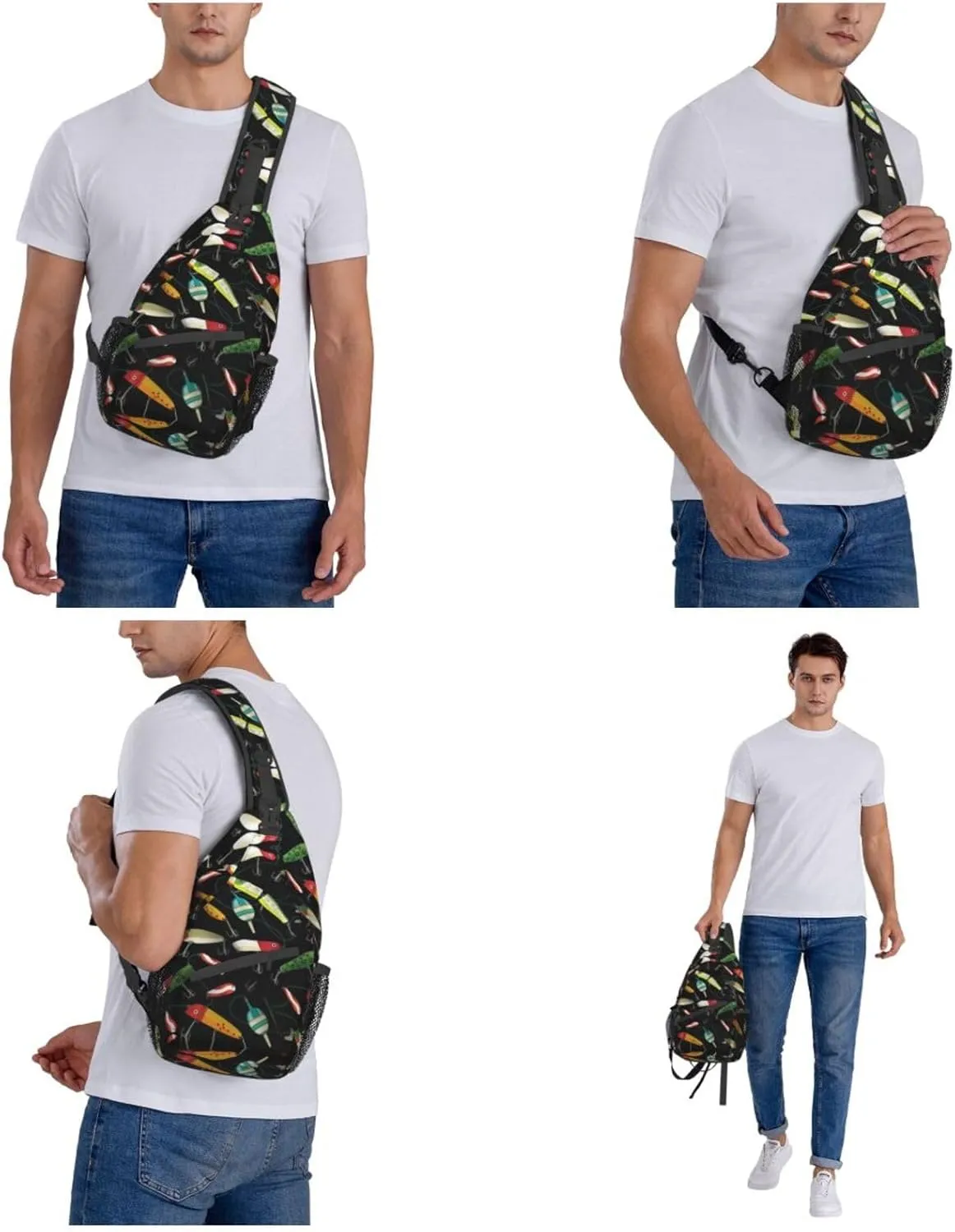 WURTON Fishing Lure Print Crossbody Backpack Shoulder Bag Cross Chest Bag For Travel, Hiking Gym Tactical Use
