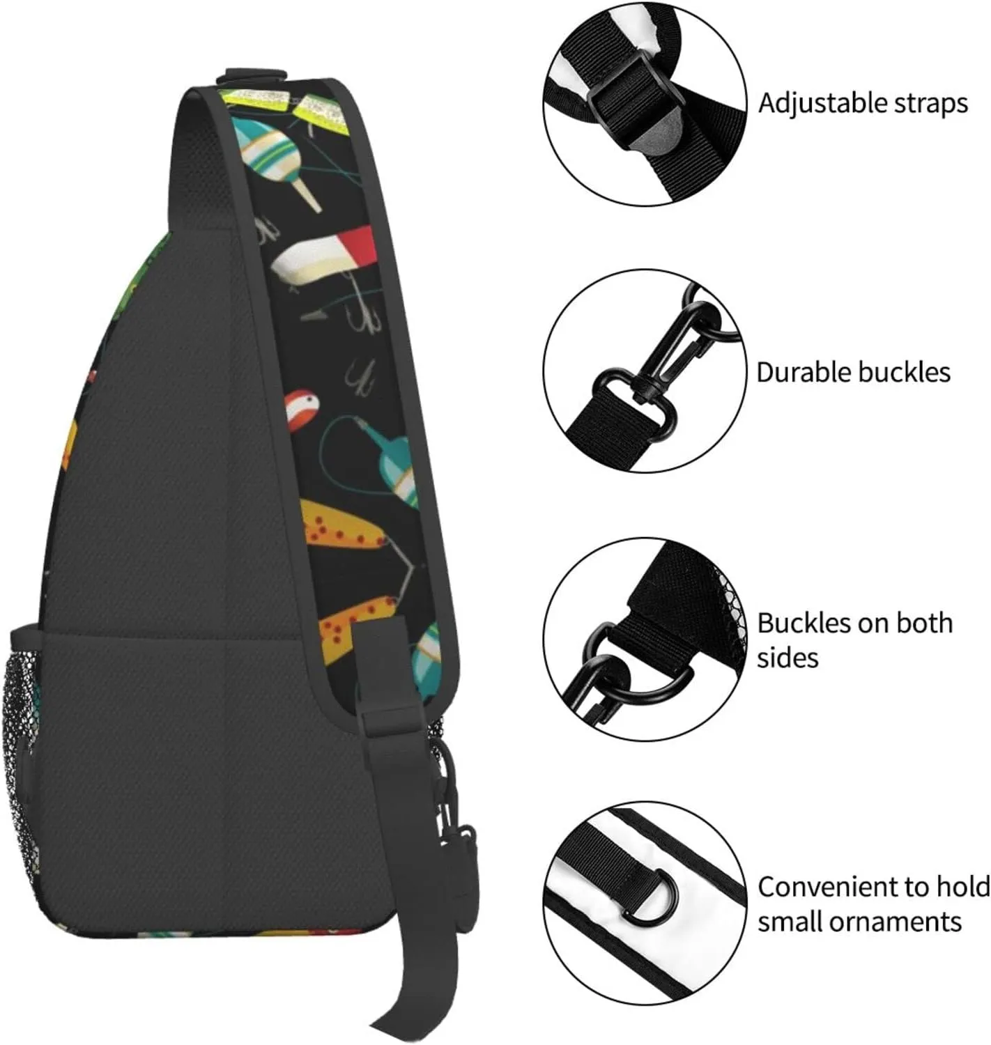 WURTON Fishing Lure Print Crossbody Backpack Shoulder Bag Cross Chest Bag For Travel, Hiking Gym Tactical Use
