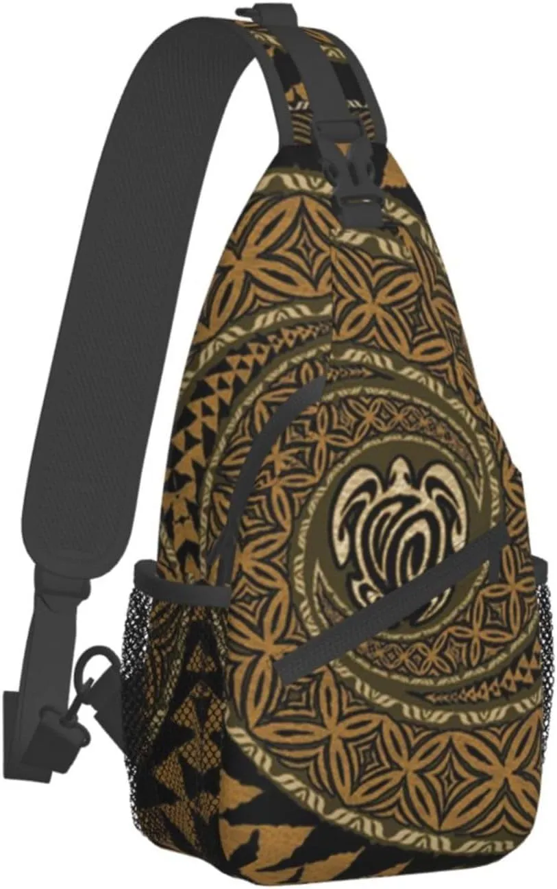 WURTON Hawaiian Tapa Honu Turtle Print Crossbody Backpack Shoulder Bag Cross Chest Bag For Travel, Hiking Gym Tactical Use