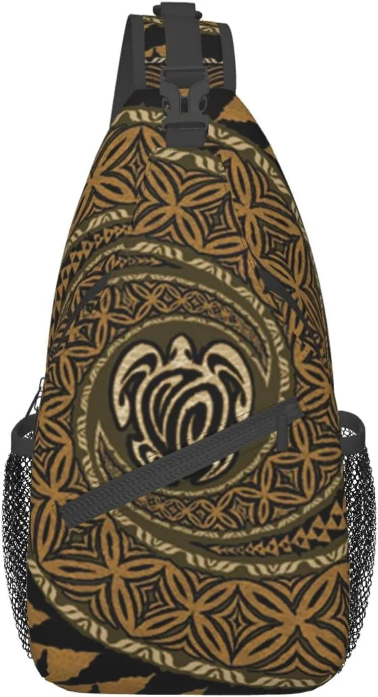 WURTON Hawaiian Tapa Honu Turtle Print Crossbody Backpack Shoulder Bag Cross Chest Bag For Travel, Hiking Gym Tactical Use