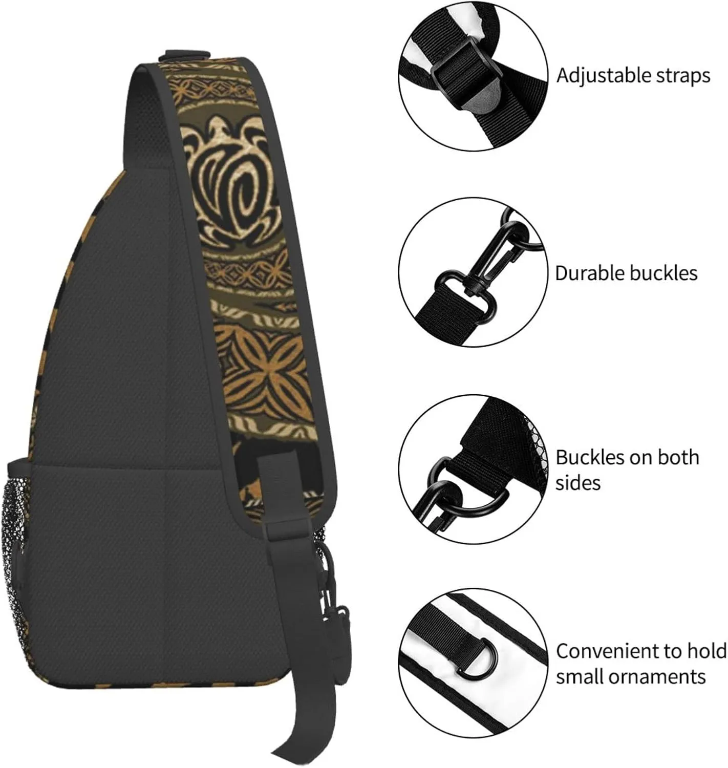 WURTON Hawaiian Tapa Honu Turtle Print Crossbody Backpack Shoulder Bag Cross Chest Bag For Travel, Hiking Gym Tactical Use