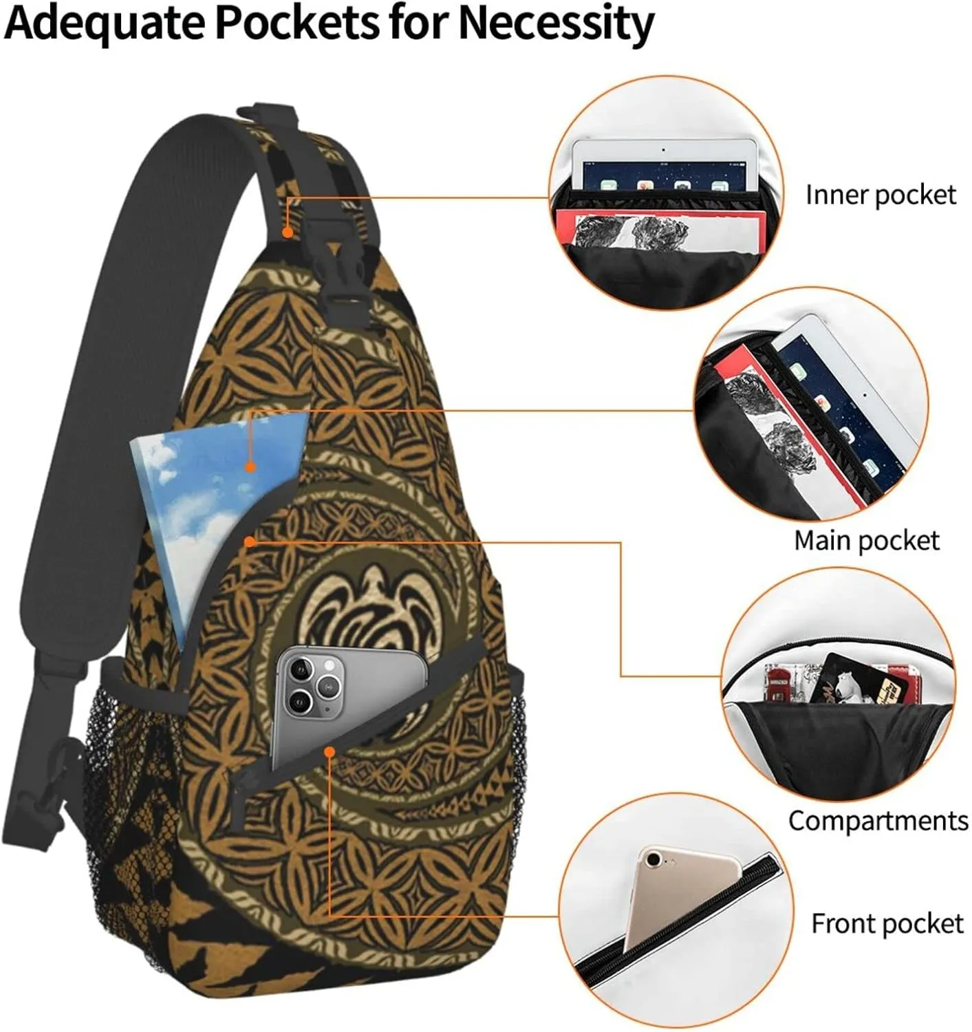 WURTON Hawaiian Tapa Honu Turtle Print Crossbody Backpack Shoulder Bag Cross Chest Bag For Travel, Hiking Gym Tactical Use