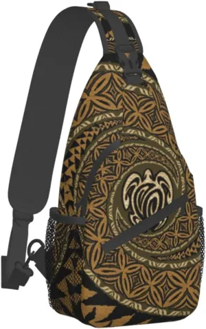 WURTON Hawaiian Tapa Honu Turtle Print Crossbody Backpack Shoulder Bag Cross Chest Bag For Travel, Hiking Gym Tactical Use