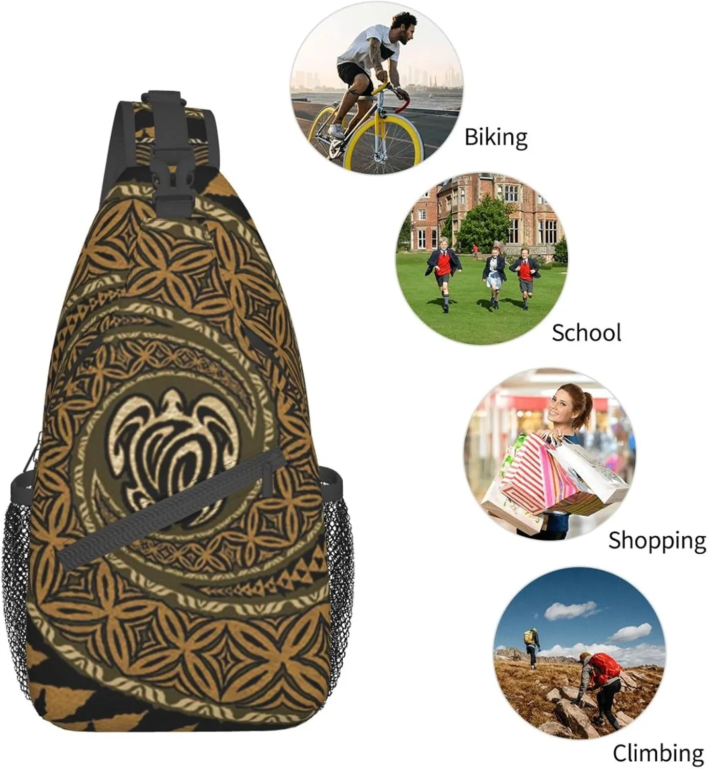 WURTON Hawaiian Tapa Honu Turtle Print Crossbody Backpack Shoulder Bag Cross Chest Bag For Travel, Hiking Gym Tactical Use