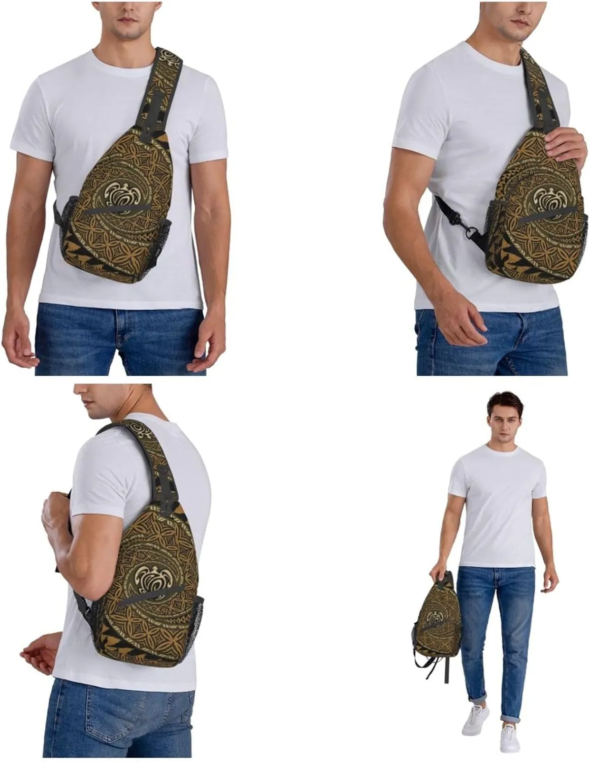 WURTON Hawaiian Tapa Honu Turtle Print Crossbody Backpack Shoulder Bag Cross Chest Bag For Travel, Hiking Gym Tactical Use