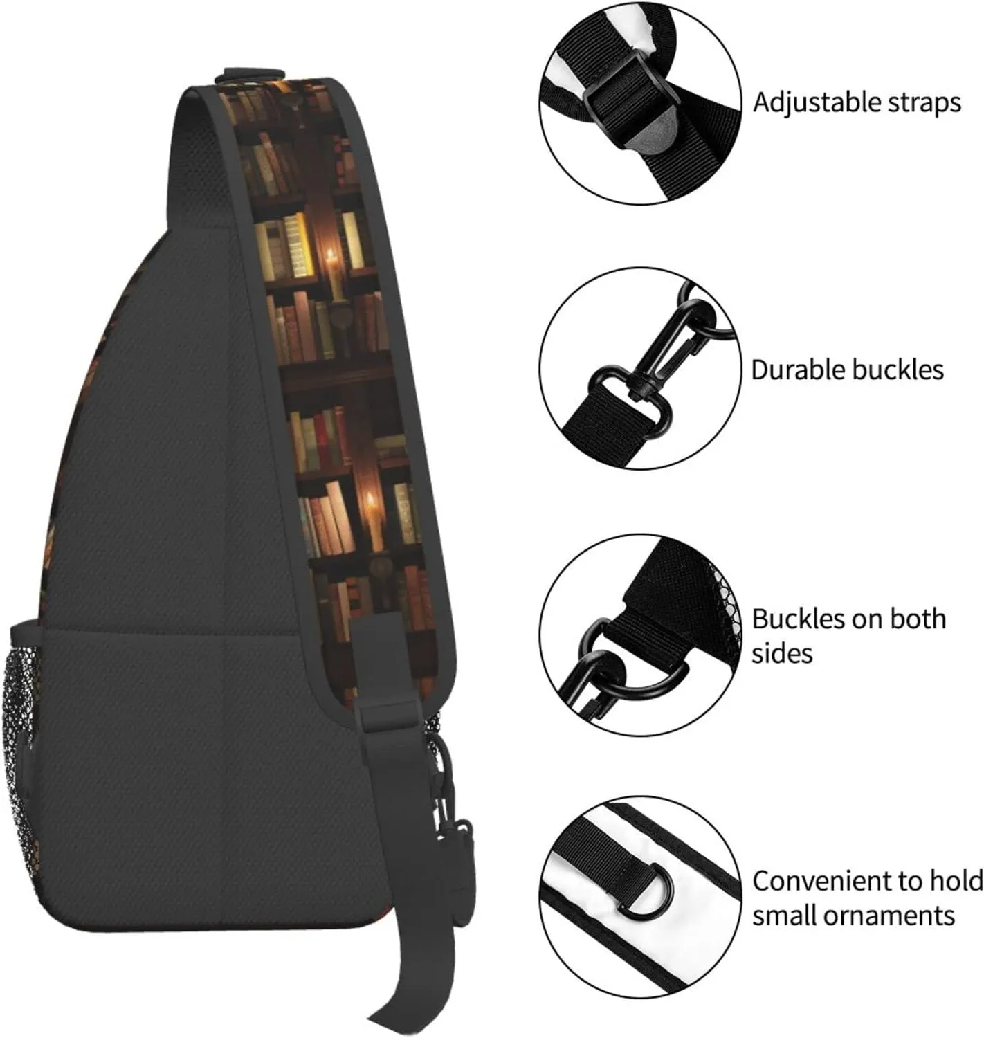 WURTON Library Bookshelf Book Print Crossbody Backpack Shoulder Bag Cross Chest Bag For Travel, Hiking Gym Tactical Use