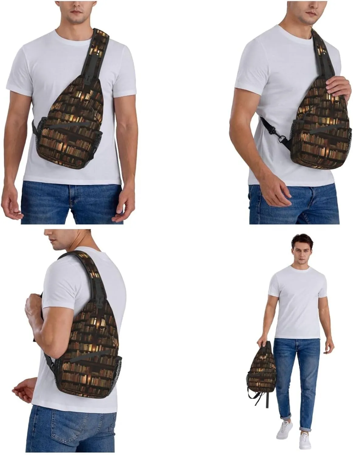 WURTON Library Bookshelf Book Print Crossbody Backpack Shoulder Bag Cross Chest Bag For Travel, Hiking Gym Tactical Use