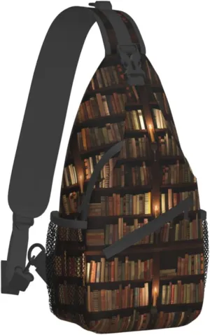 WURTON Library Bookshelf Book Print Crossbody Backpack Shoulder Bag Cross Chest Bag For Travel, Hiking Gym Tactical Use