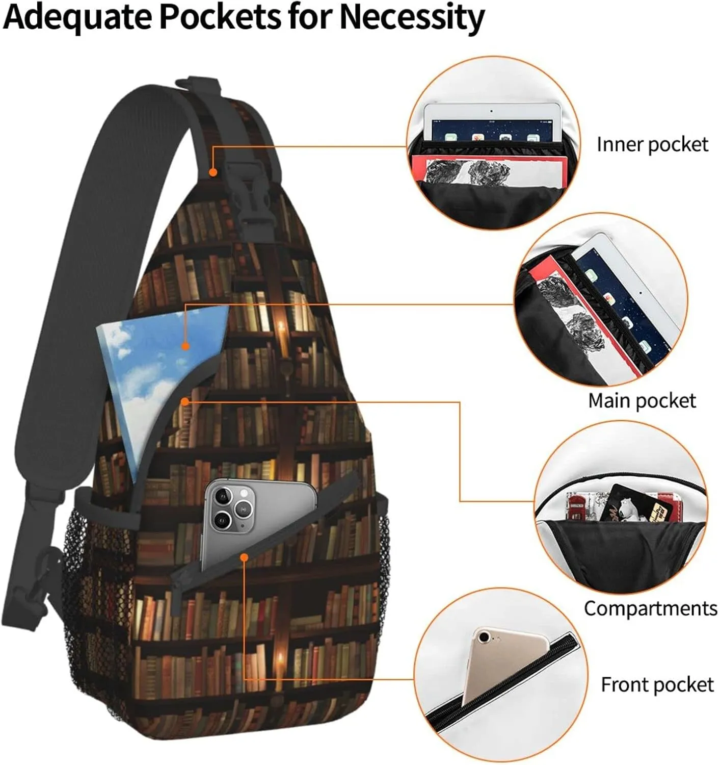WURTON Library Bookshelf Book Print Crossbody Backpack Shoulder Bag Cross Chest Bag For Travel, Hiking Gym Tactical Use