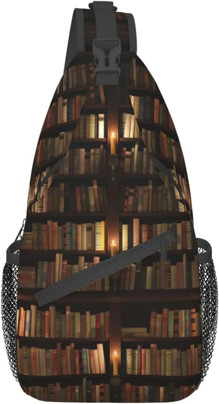 WURTON Library Bookshelf Book Print Crossbody Backpack Shoulder Bag Cross Chest Bag For Travel, Hiking Gym Tactical Use
