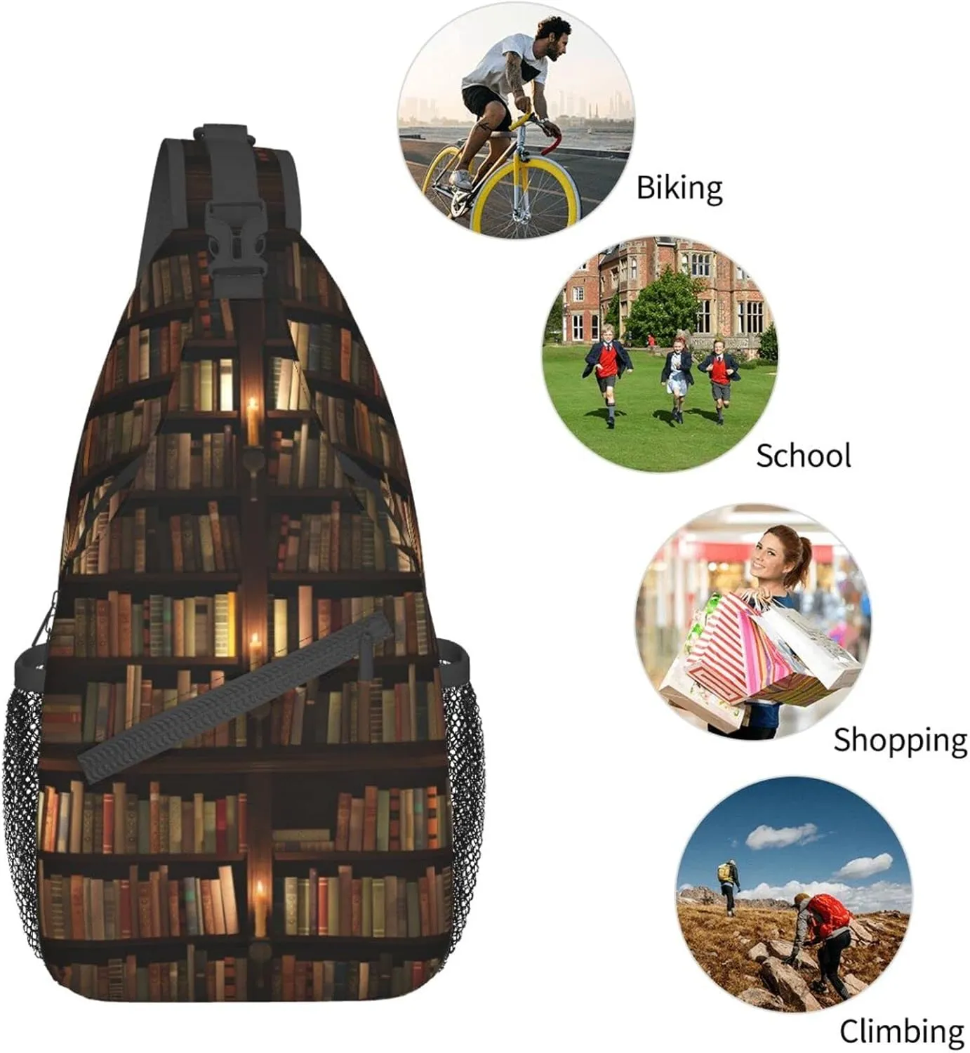 WURTON Library Bookshelf Book Print Crossbody Backpack Shoulder Bag Cross Chest Bag For Travel, Hiking Gym Tactical Use