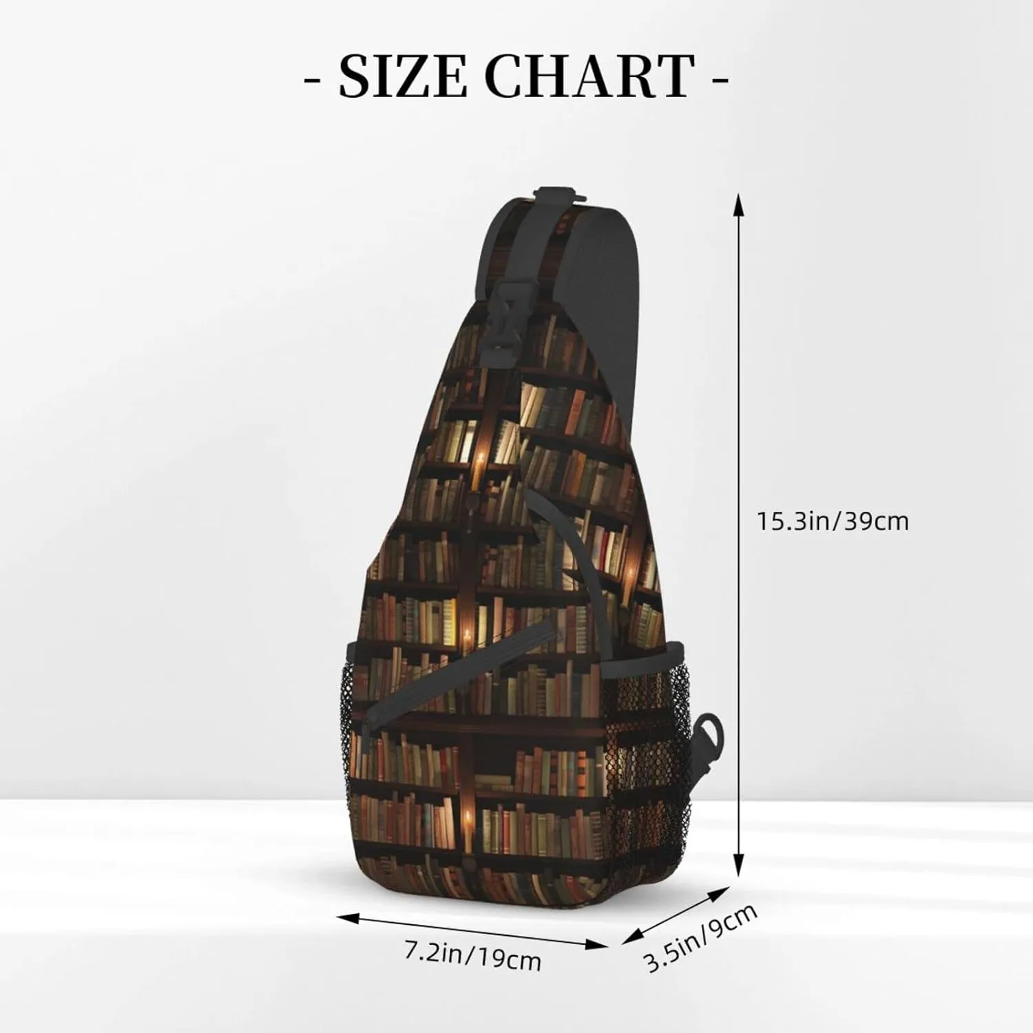 WURTON Library Bookshelf Book Print Crossbody Backpack Shoulder Bag Cross Chest Bag For Travel, Hiking Gym Tactical Use