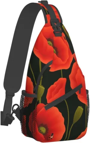 WURTON Poppy Flowers Print Crossbody Backpack Shoulder Bag Cross Chest Bag For Travel, Hiking Gym Tactical Use