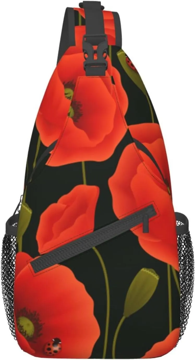 WURTON Poppy Flowers Print Crossbody Backpack Shoulder Bag Cross Chest Bag For Travel, Hiking Gym Tactical Use