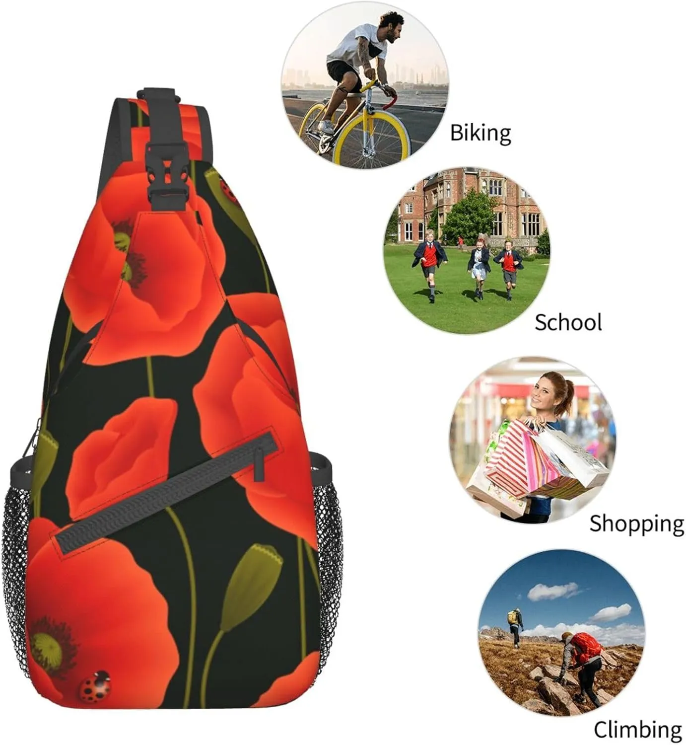 WURTON Poppy Flowers Print Crossbody Backpack Shoulder Bag Cross Chest Bag For Travel, Hiking Gym Tactical Use