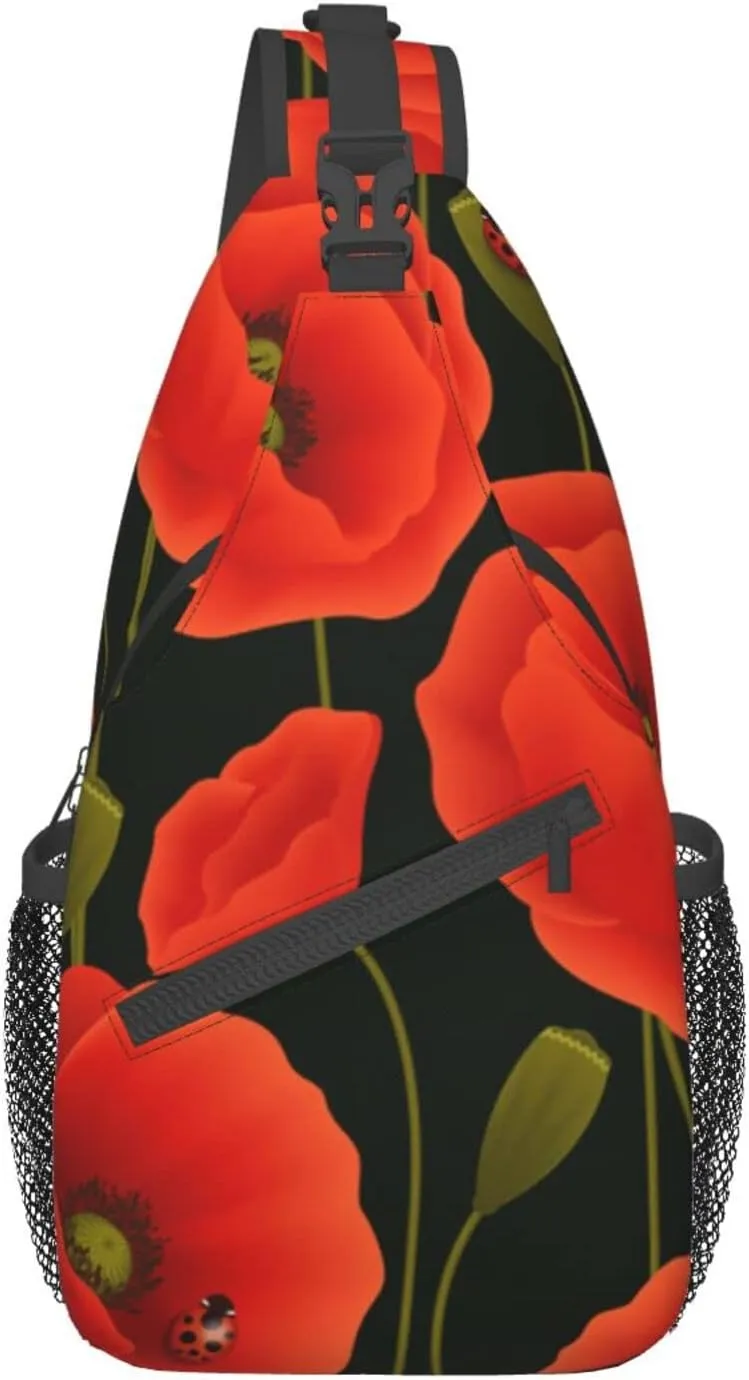 WURTON Poppy Flowers Print Crossbody Backpack Shoulder Bag Cross Chest Bag For Travel, Hiking Gym Tactical Use