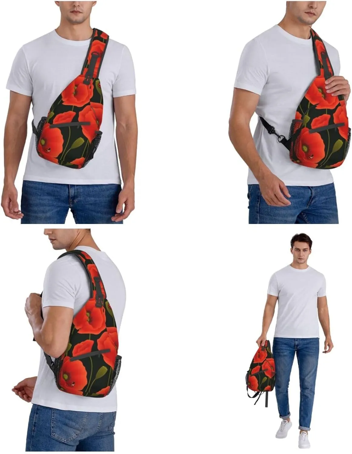 WURTON Poppy Flowers Print Crossbody Backpack Shoulder Bag Cross Chest Bag For Travel, Hiking Gym Tactical Use